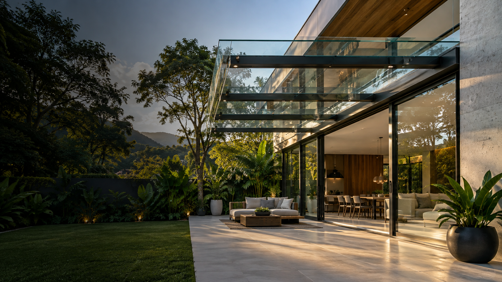 Residência contemporânea com cobertura e grandes painéis de vidro